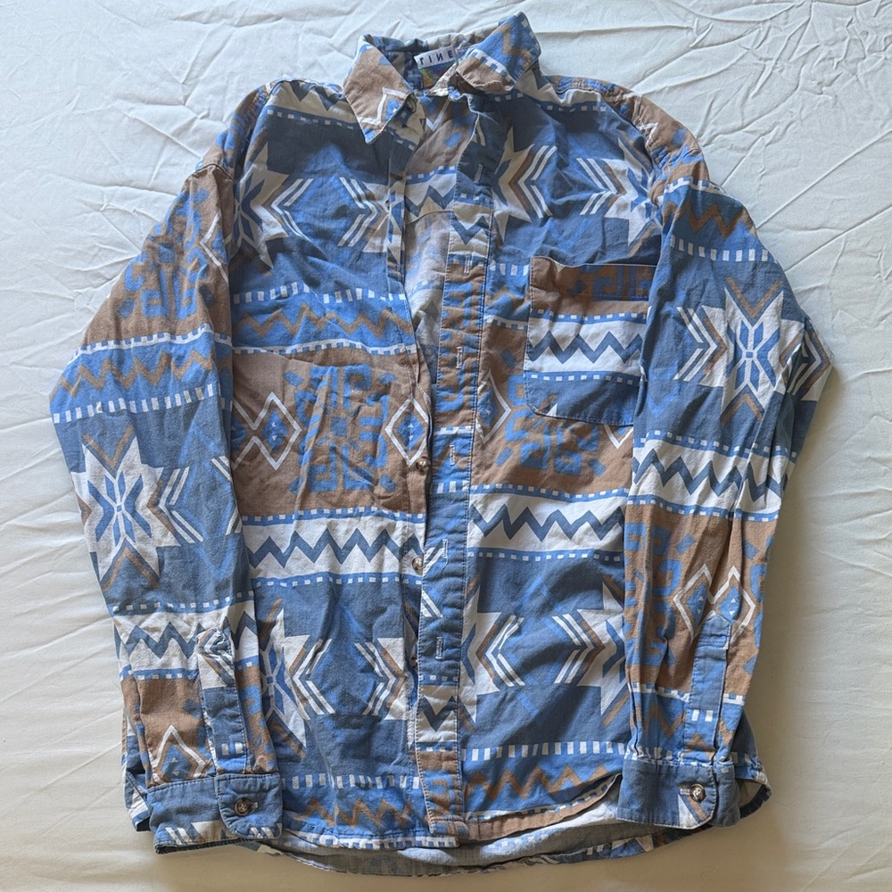 Aztec-Pattern Button-Down Shirt - Blue & Brown